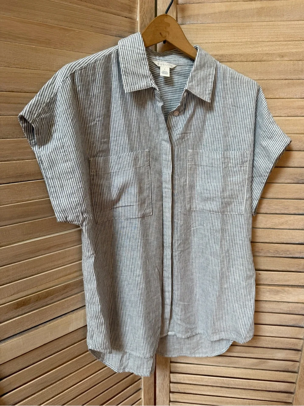 Caslon Blue & White Striped Short Sleeve Linen blend Button-Up Shirt - Picture 2 of 7